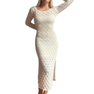 y2k romantic white long sleeve crochet beachy maxi dress